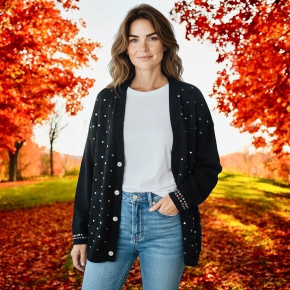 DONYA Z NEW YORK Vintage 80's Black Cardigan Sweater BLING - Picture 1 of 14